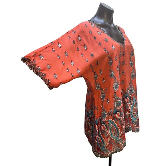 Johnny Was Silk Coral Sheer Floral Tunic Top w/Lace Trim Size L - Picture 4 of 10